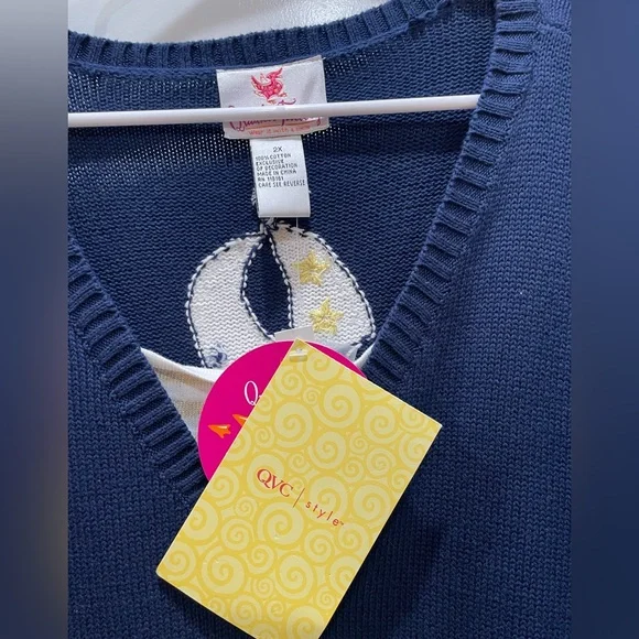 Navy Blue & Metallic Gold V-Neck Nautical Sweater w Sailboat Design  SZ: 2XL NWT - Picture 5 of 13